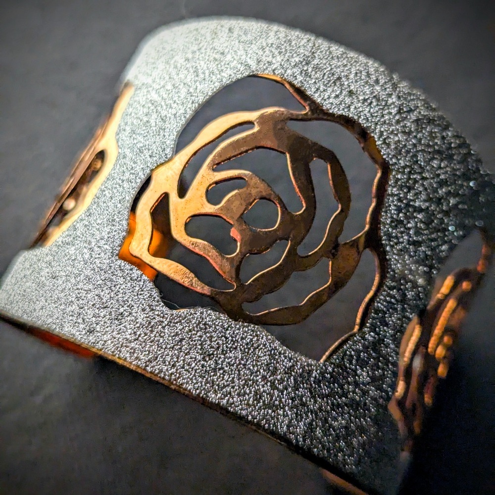 Bracelet! Elegant HANDCRAFTED Rose Gold w/ Silver cut out Rose Cuff Bracelet - Picture 3 of 4